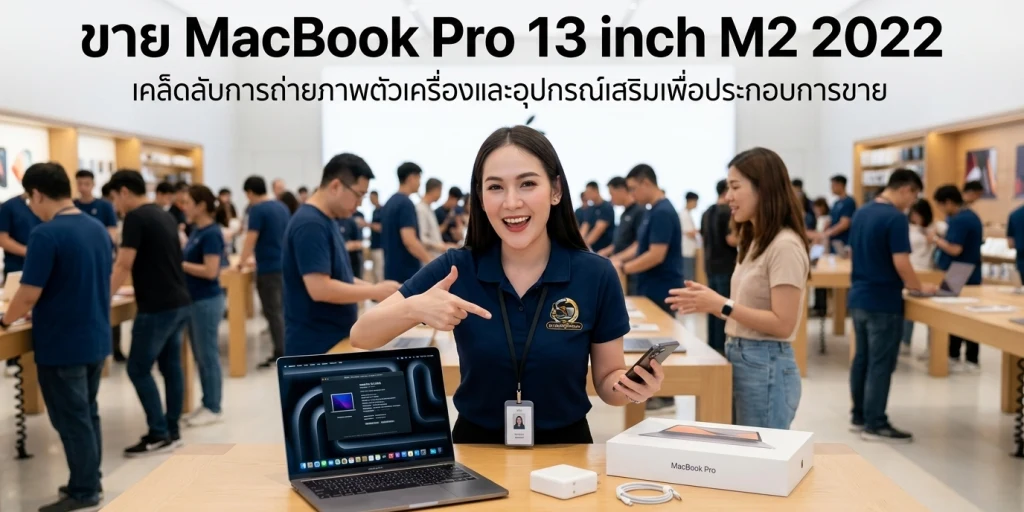 ภาพถ่ายมุมบนของ MacBook Pro 13 inch M2 2022 วางบนโต๊ะสะอาดพร้อมเปิดหน้าจอ About This Mac แสดงสเปกและสุขภาพแบตเตอรี่เพื่อเตรียมส่งประเมินราคาขาย