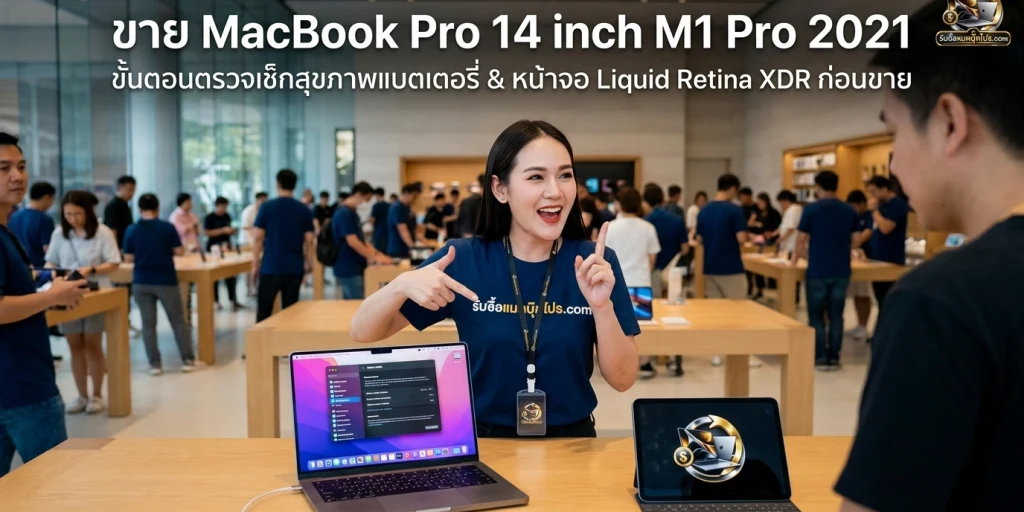 การตรวจเช็กหน้าจอ Liquid Retina XDR และข้อมูลสุขภาพแบตเตอรี่ของ MacBook Pro 14 นิ้ว M1 Pro ปี 2021 เพื่อเตรียมส่งประเมินราคา
