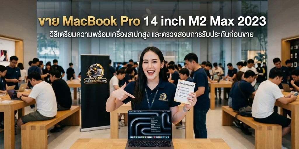 MacBook Pro 14 inch M2 Max 2023 สี Space Gray แสดงหน้าจอ System Information พร้อมอะแดปเตอร์ 96W และสาย MagSafe 3